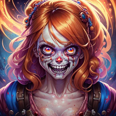 Highly detailed (Dan Mumford:1.2) portrait of a adorable zombie woman with round, expressive eyes and a scary smile, (fantastic amazing decoration:1.2), abstract beauty, explosive volumetric, Perfect anatomy, (best quality, 500px, 64k ultra hd:1.1). (A perfect finished work of official art:1.1). Digital painting (ART By Apterus, ART By Dan Mumford, Anime Style:1.1)