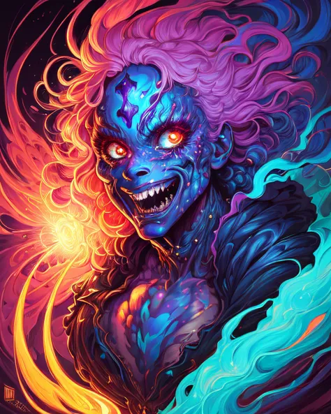 Highly detailed (Dan Mumford:1.2) portrait of a adorable ghost woman with round, opaque colorama colored rainbow rgb skin color, expressive eyes and a scary smile, (fantastic amazing decoration:1.2), abstract beauty, explosive volumetric, Perfect anatomy, (best quality, 500px, 64k ultra hd:1.1). (A perfect finished work of official art:1.1). Digital painting (ART By Apterus, ART By Dan Mumford, Anime Style:1.1)