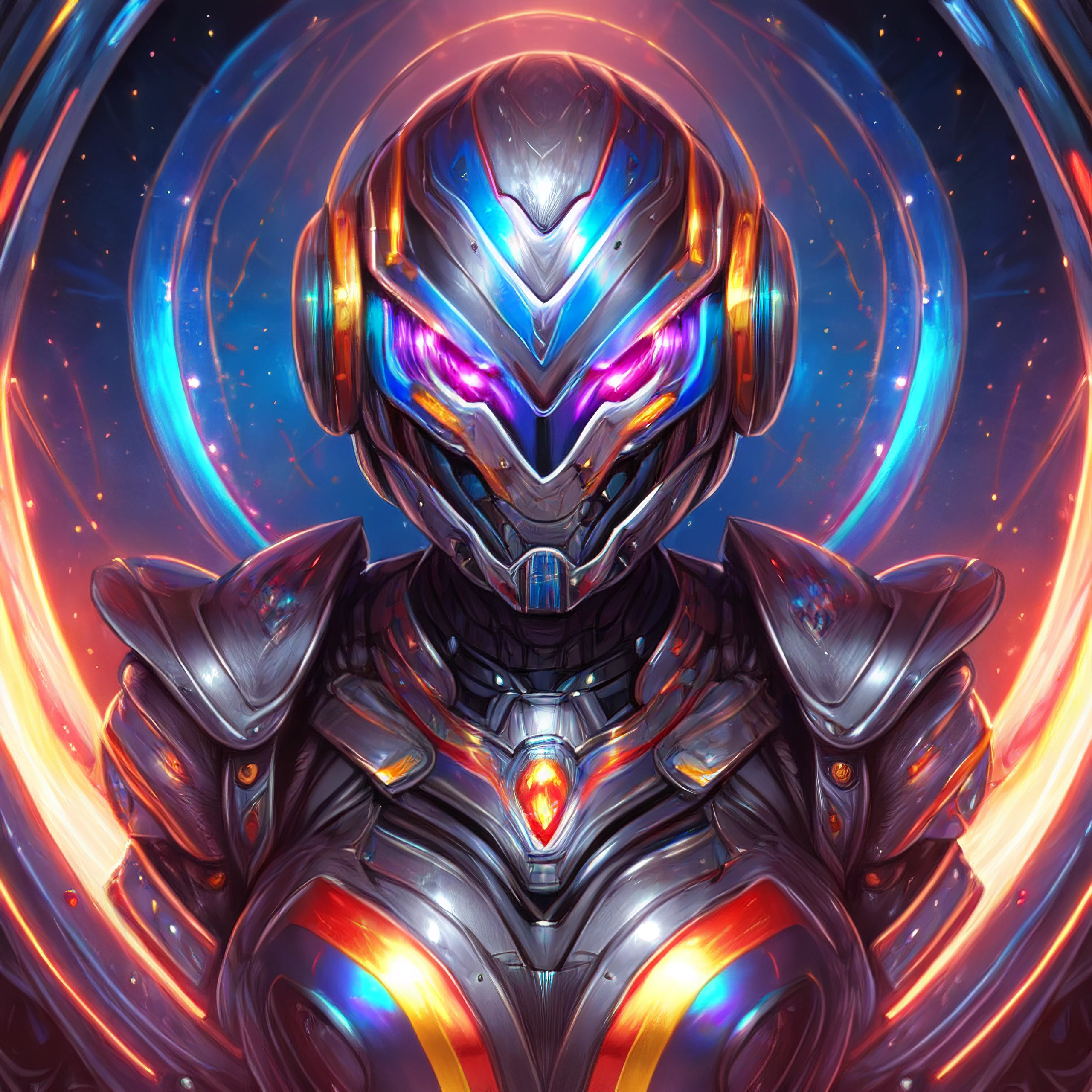 Highly detailed (Dan Mumford:1.2) portrait of a adorable robot humanoid woman, silver armor, iron armor, reflection with round, opaque colorama colored rainbow rgb skin color, expressive eyes, (fantastic amazing decoration:1.2), abstract beauty, explosive volumetric, Perfect anatomy, (best quality, 500px, 64k ultra hd:1.1). (A perfect finished work of official art:1.1). Digital painting (ART By Apterus, ART By Dan Mumford, Anime Style:1.1)