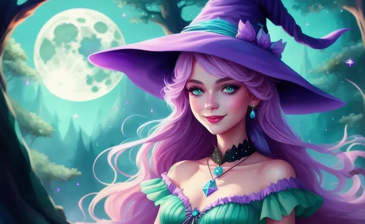 Cute witch woman: Delicate, soft, lovely, pastels, pink, lilac, baby blue, aqua green, fun, frilly dress, pointy hat, magic necklace, friendly smile.
Scenario: Forest, full moon, flying broom, stars, black cat.
Art Techniques: Watercolor, soft strokes, childish style. COMIC BOOK, CHARACTER, ABSTRACT
dreamlikeart, FANTASY ART, STYLE, ART STYLE, 4k, animation 3d and 2d style , ILLUSTRATION, BEAUTIFUL, DIGITAL, iLLUSTRATION, FANTASY, PORTRAITS, SC, dreamlike