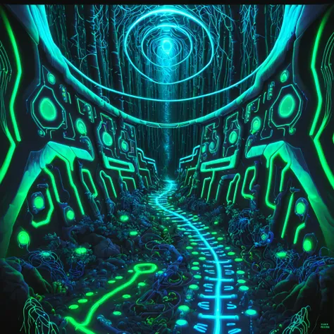 bioluminescent painting of a trail that leads to the center of the frame, hr giger, vibrant colors, 3d render, computers, circuitry, motherboard, cables, forest