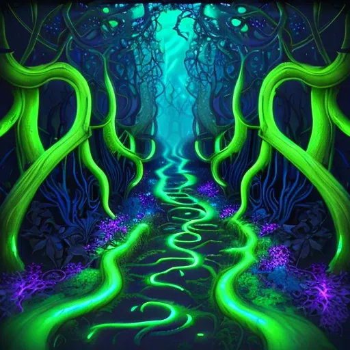 bioluminescent painting of a trail that leads to the center of the frame, hr giger, vibrant colors, 3d render, tentacles, vines, leaves, forest