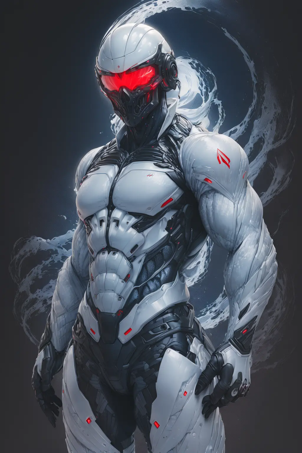 (best quality, ultra-detailed, best illustration, best shadow, masterpiece, high res, professional artwork, famous artwork), man in a (white:1,blue:.2 bulky colored carbon fiber nanosuit), long floating samurai white ponytail,nanosuit brutul helmet in the shape of skull,futuristic galss visor,red glowing liquid cooling tubes connected to helmet,black background,angry brows <lora:nanosuit_v10:.6>