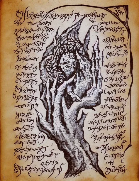 (PLAIN WHITE BACKGROUND), detailed illustration,closeup fantasy (hand), brochure, necronomicon, ,handwritten text, <lora:Necronomicon-10:1>