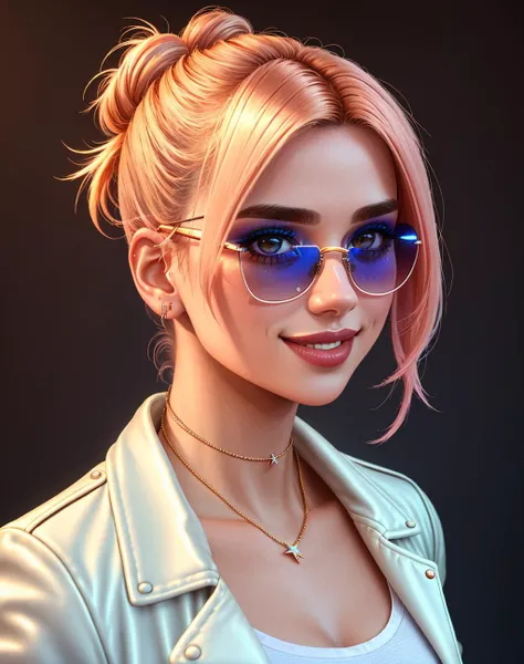 4K, Masterpiece, highres, absurdres,natural volumetric lighting and best shadows, deep depth of field, sharp focus, smiling,soft delicate beautiful attractive face, 
Nadia with sunglasses and a choker,leather jacket, smile, bicolor hair,  two-tone hair, makeup,  lipstick, with a edgLevitating_hairstyle,multicolor hair,top knot,
, cowboy shot, walking in the street, 
 <lora:edgLevitating:0.6> <lora:Nadia:0.35>