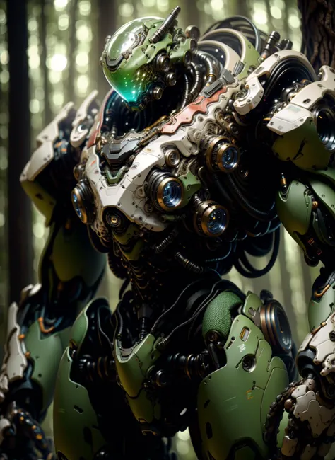 Robots wearing spacesuits, on the forest, macro, blurry lens, studio, <lora:FINAL Robort:1>, RTX, <lora:nijiMecha:0.7>
