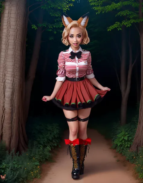 VeronicaLeal
Vixen, whimsical, creative, detailed, Fantastic Mr. Fox, forest vixen, red and black striped shirt, green skirt, black boots, sly expression, leading the charge on a wild adventure.