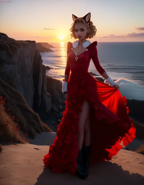 VeronicaLeal
Vixen is standing on a cliff overlooking the ocean. The sun is setting, and the sky is ablaze with color. Vixen is silhouetted against the sunset, and she looks like a creature of myth and legend. She is wearing a long, flowing dress made of red velvet. The dress is trimmed with white fur, and it has a high collar that frames her face. She is also wearing a pair of black leather boots with silver buckles.