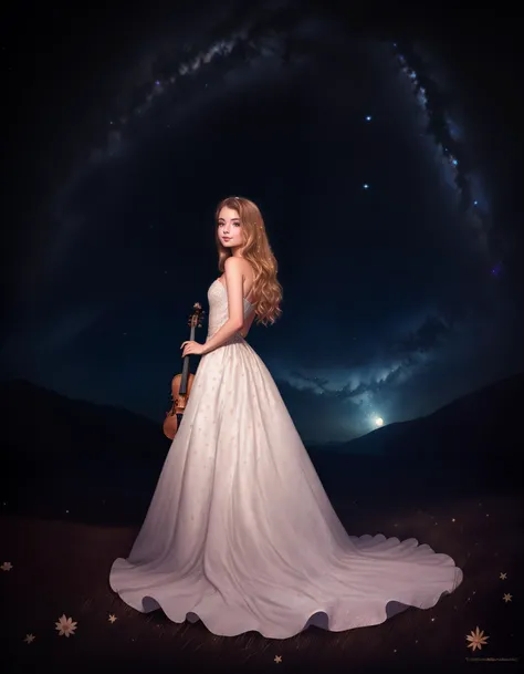 AsunaFox, woman,
"Starry Night Serenade": Under a midnight sky ablaze with stars, the vixen stands atop a moonlit hill, dressed in a gown that mirrors the cosmos. The dress is adorned with shimmering constellations and stardust, capturing the celestial allure. Soft moonbeams illuminate her as she holds a violin, ready to serenade the night with melodies that stir the souls of all who hear them.