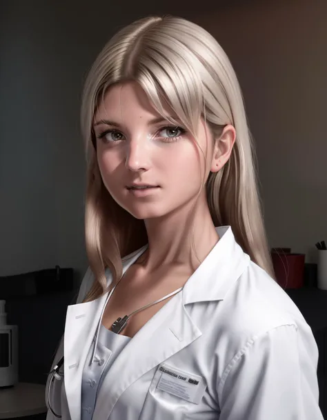 GinaGerson, woman,
Vixen is a scientist, and she is working on a cure for a deadly disease. She is wearing a white lab coat, and she has a stethoscope around her neck. She looks like a brilliant and dedicated doctor. ,
