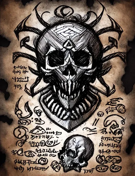 Necronomicon Sketch, demon skull <lora:Necronomicon:0.8>