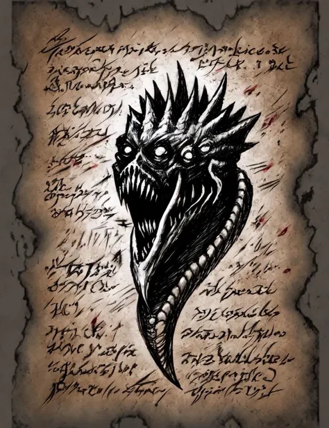 Necronomicon Sketch, Creature, claws, sharp teeth, no eyes, unhinged jaw, blood splatter, <lora:Necronomicon:0.8>