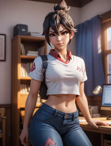 Kiriko from overwatch, in a college dorm trying to study for an exam, jeans and a tshirt, high resolution desktop wallpaper, <lora:kirikomerge2:0.7>