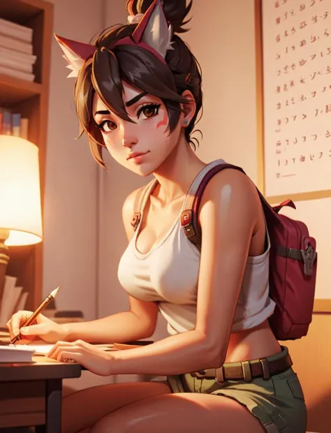 Kiriko from overwatch in a college dorm trying to study for an exam, wearing comfy shorts and a cute tank top, high resolution desktop wallpaper, <lora:kirikomerge2:1>