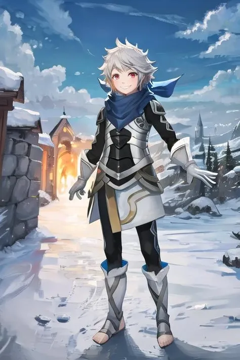 masterpiece, best quality,highres,highly detailed,  <lora:mKanaFE_v1:0.85>,mKanaFE,1boy,smile,outdoors,red eyes,white hair,armor,scarf, gloves, fantasy, full body,