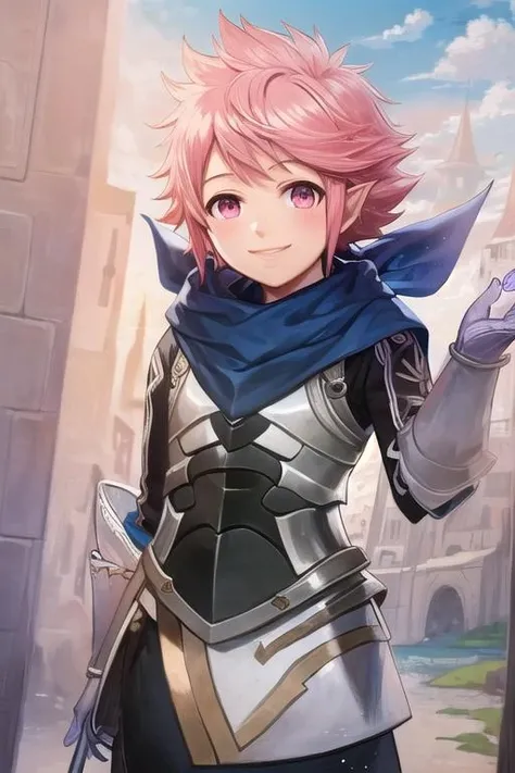 masterpiece, best quality,highres,highly detailed,  <lora:mKanaFE_v1:0.85>,mKanaFE,1boy,smile,outdoors,pink eyes,pink hair,armor,scarf, gloves, fantasy