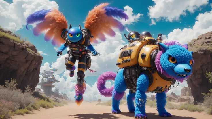 4k, photo, photograph, cgi, fluffy monster multi-coloured skin, one eye, long tail on a alien planet, wearing a jetpack, Pixar