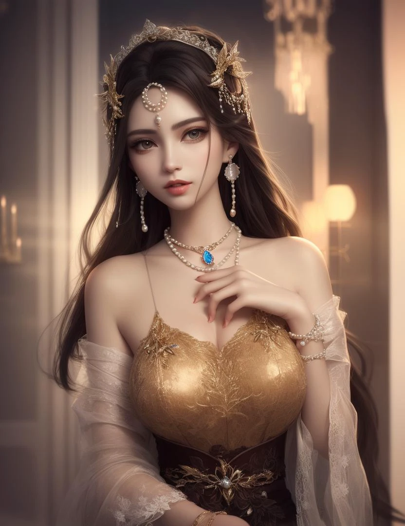 ultra realistic 8k cg, picture-perfect face, flawless, clean, masterpiece, professional artwork, famous artwork, cinematic lighting, cinematic bloom, perfect face, beautiful face, beautiful eyes, fantasy, dreamlike, unreal, science fiction, huge breasts, beautiful clothes, lace, lace trim, lace-trimmed legwear, (rich:1.4), prestige, luxury, jewelry, diamond, gold, pearl, gem, sapphire, ruby, emerald, intricate detail, delicate pattern, charming, alluring, seductive, erotic, enchanting, hair ornament, necklace, earrings, bracelet, armlet,halo,
((1girl, )) <lora:DA_GhostLi:1>