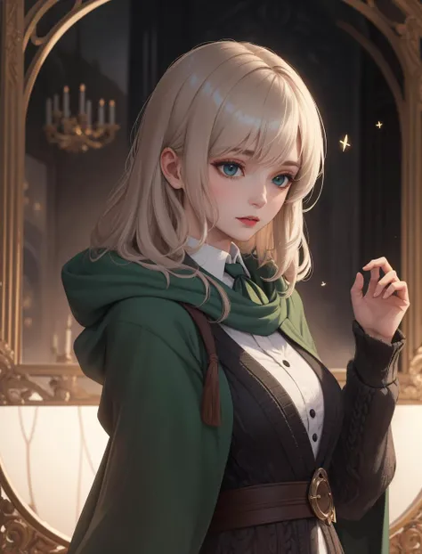 Style-GravityMagic, portrait, looking down, solo, half shot, detailed background, detailed face, (victorian theme:1.1), hogwarts student,  mischievous, (slytherin :1.1), scarf,  cardigan,  dynamic pose, casting spell, water ball in hand, <lora:waterVFX:0.4>, magical forest in background,  backlighting, dawn,