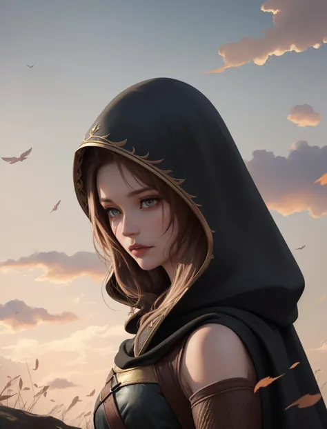 Style-GravityMagic,  solo, half shot, looking down, detailed background, detailed face, (high fantasy medieval theme:1.1),  supernatural eyes, grimace, witcher, monster slayer, wearing  sleeveless witcher armor, rugged, visible scars, hood,  cloak straps,    defensive stance, glowing tattoos,  field in background, sunset, tense anticipation,  wind blowing,  bokeh, fantasy atmosphere,