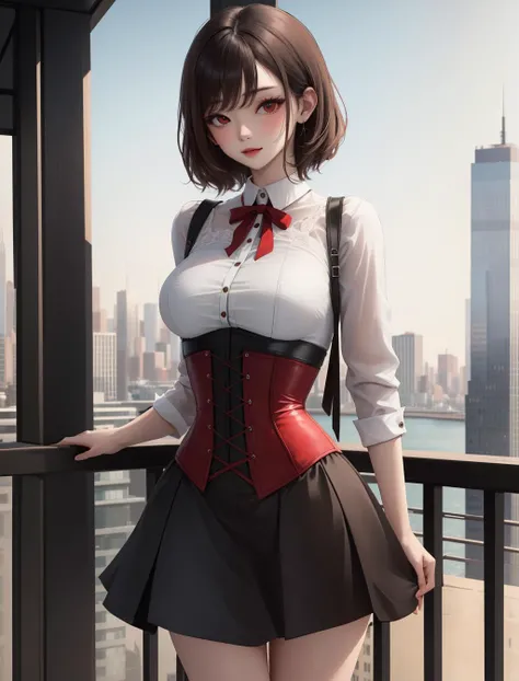 (colored skin, white skin:1.2), shirt, corset, cityscape, brown hair, short skirt, wide hips, red eyes,