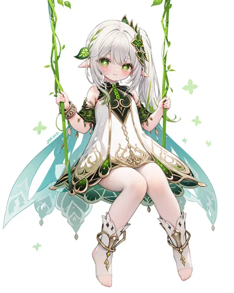 masterpiece, best quality, <lora:nahida:1>,swing,sitting,full body,1girl,nahida \(genshin impact\),white hair,multicolored hair, side ponytail,hair ornament,green eyes,symbol-shaped pupils,pointy ears, jewelry, detached sleeves,white dress,toeless legwear,grey background, smile
<lora:GZC:0.7>