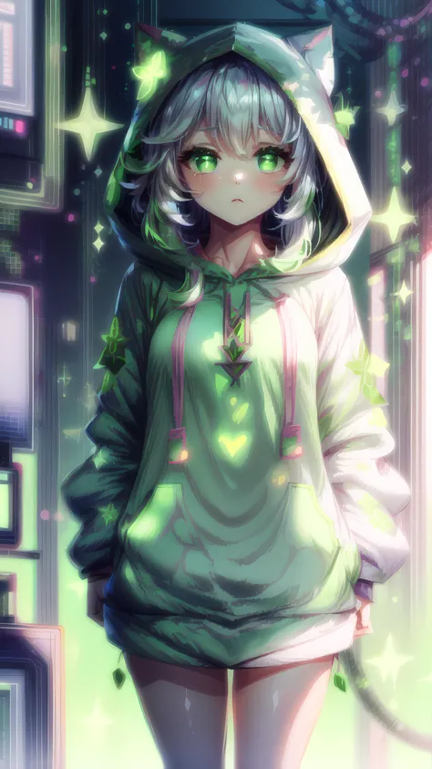 1girl, nahida \(genshin impact\), long hair, hair blowing in the wind, (white and green cyber hoodie:1.6), white and green pantyhose, portrait, emotionless face, looks down, kawaiitech, pastel white and green colors, kawaii, cute white and green colors,  <lora:KawaiiTech:1>  <lora:add_detail:1>   <lora:nahida:1>