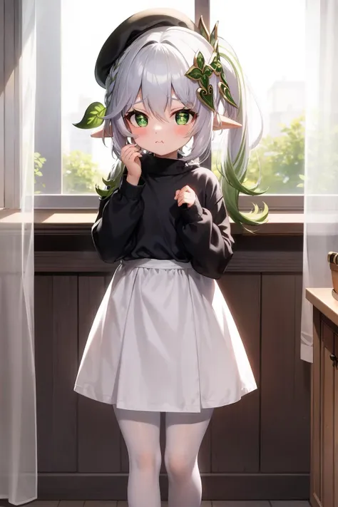masterpiece, best quality, <lora:nahida:1>,1girl, nahida (genshin impact), solo, green eyes, side ponytail, pointy ears, symbol-shaped pupils, hat, window, dress, long hair, looking at viewer, cross-shaped pupils, pout, white pantyhose, white dress, multicolored hair, gradient hair, green hair, braid, pantyhose, bangs, female child, indoors, long sleeves, white hair, grey hair, curtains, shoes, hand on own face, standing, alternate costume, blush, hair between eyes, hair ornament, puffy long sleeves, bow, beret, closed mouth, :t, ribbon, sidelocks, legs, hand on own cheek