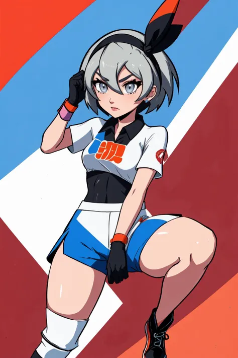 bea pokemon, bea \(pokemon\), dark-skinned female, grey eyes, grey hair, hair between eyes, short hair, black hairband, bodysuit under clothes, collared shirt, short sleeves, white shirt, side slit shorts, wristband, glove, knee pads, <lora:BeaGoofy:0.95>, <lyco:DerpixonStyle:1.1>,