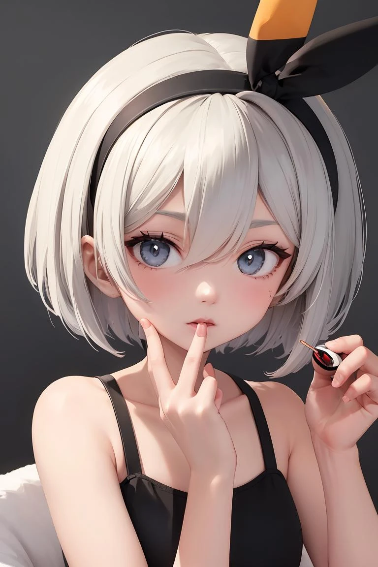 (masterpiece, best quality), 1girl, <lora:bea by Goofy Ai:1> bea pokemon, black hairband, dark-skinned female,hair between eyes, grey hair, short hair,grey eyes,