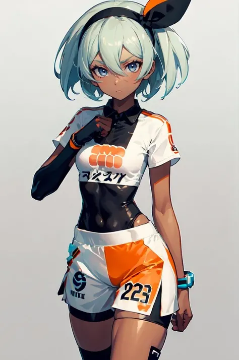 ultra detailed, masterpiece, best quality, solo, cowboy shot, facing viewer, serious, fist in hand,
<lora:bea_pokemon:1> bea pokemon, bea \(pokemon\), dark-skinned female, grey eyes, grey hair, hair between eyes, short hair, black hairband, bodysuit under clothes, collared shirt, short sleeves, white shirt, side slit shorts, wristband, glove, knee pads, barefoot,