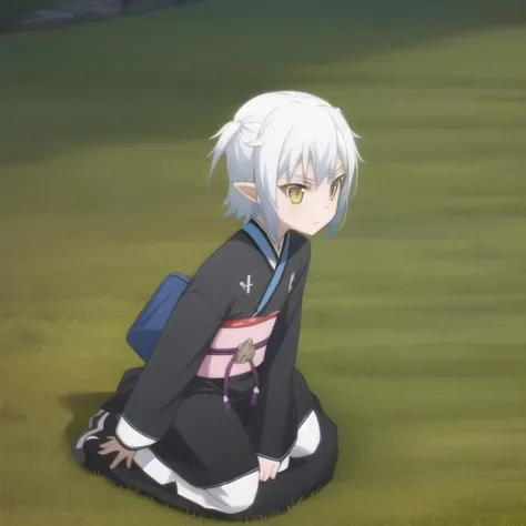 mondaiji-shiroyasha, black kimono,white hair, short hair, yellow iris, pointy ears, short horns, flat chest, full body, solo, 1girl, outdoors <lora:mondaiji-shiroyasha-000003:0.7>