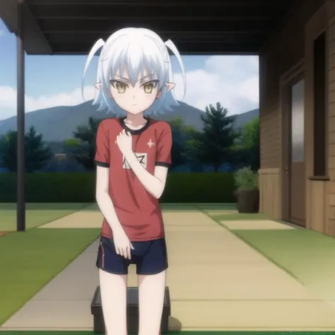 mondaiji-shiroyasha, gym clothes,white hair, short hair, yellow iris, pointy ears, short horns, flat chest, full body, solo, 1girl, outdoors <lora:mondaiji-shiroyasha-000003:0.8>
