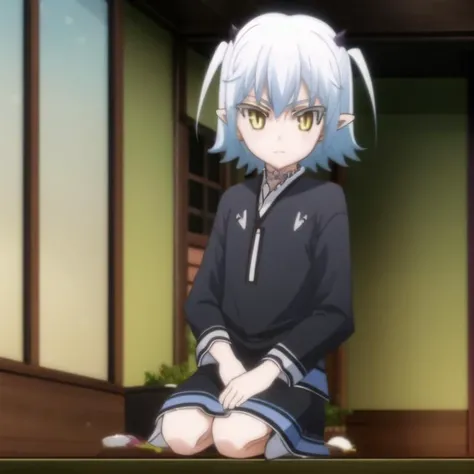 mondaiji-shiroyasha, casual clothes,white hair, short hair, yellow iris, pointy ears, short horns, flat chest, full body, solo, 1girl, outdoors <lora:mondaiji-shiroyasha-000003:1.0>