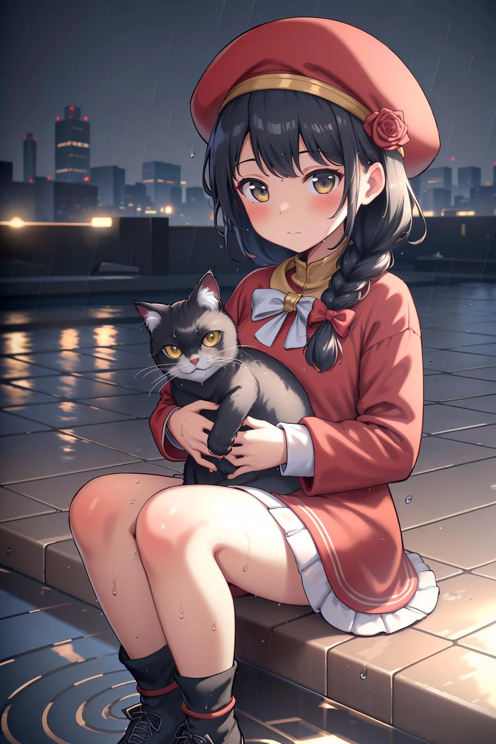 sitting, solo
<lora:MasterpiaceSTYLEv3:0.5>, roses, (dynamic angle:1.1), vivid, Soft and warm color palette,
1girl, animal, bangs, black hair, blush, bow, braid, cat, closed mouth, hat, holding, holding animal, holding cat, long hair, long sleeves, looking at viewer, messy hair, solo, sitting, wet clothes, wet, puddles, rain, looking down, black shoes, outdoors, night, alley, reflective floor, ripples, city