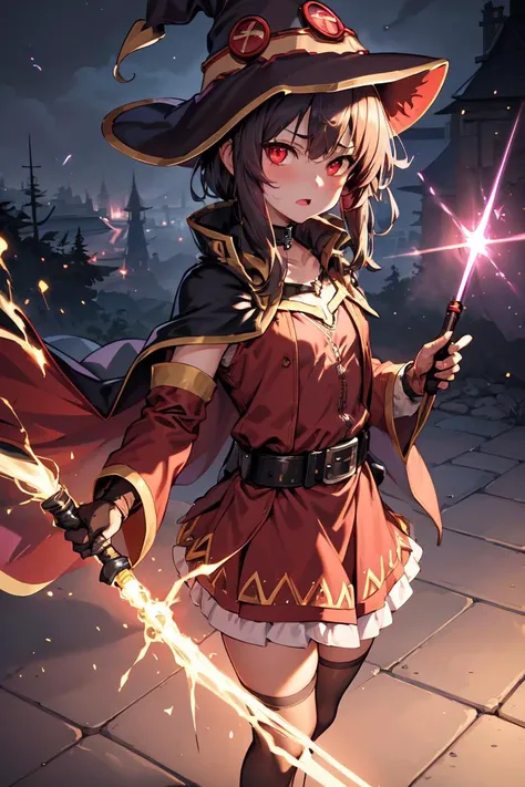 ((best quality)), ((masterpiece)), (detailed), ultra detailed, 1girl, solo
stare, looking at viewer, (interview:1.3),
1girl, beam, belt, black_hair, brown_hair, cape, collar, convenient_censoring, diffraction_spikes, dress, eyebrows_visible_through_hair, fingerless_gloves, gloves, glowing, glowing_weapon, hat, holding, laser, lens_flare, light_censor, light_rays, looking_at_viewer, magic, megumin, open_mouth, red_dress, red_eyes, short_hair, small_breasts, solo, sparkle, sparks, staff, thighhighs, witch_hat
<lora:Masterpiace:0.7>
