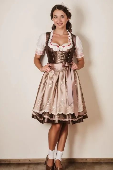 RAW photo, full body shot of a young woman wearing dirndllora, (high detailed skin:1.2), 8k uhd, dslr, soft lighting, high quality, film grain, Fujifilm XT3, <lora:dirndlloraV1:1>
