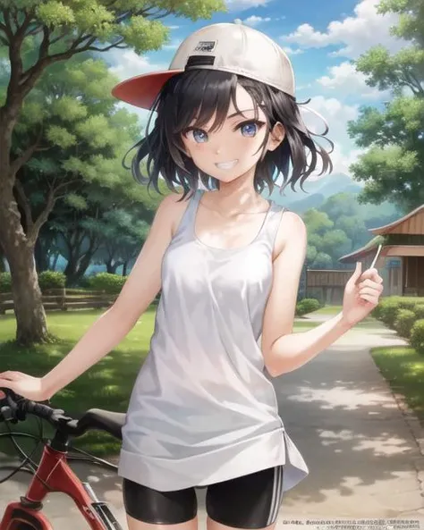 ((best quality)), ((highly detailed)), masterpiece, ((official art)), detailed face, beautiful face, (detailed eyes, deep eyes), (1girl), cowboy shot, <lora:BackwardsCapLORA:1>, backwards cap, bike shorts, lose tank top, grin, outside
