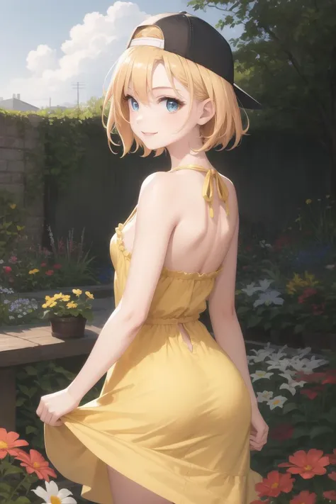 masterpiece, best quality, absurdres, perfect anatomy, 1girl, solo, backwards cap, baseball cap, blonde hair, blue eyes, short hair, from behind, sundress, yellow sundress, garden, day, sunshine, smile, looking back