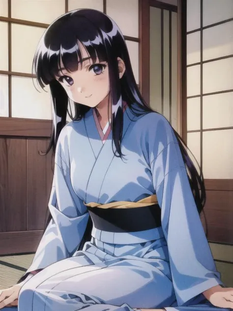 (Ayasaki Wakana), 1girl, solo,
(shiny, glossy black hair).[long hair],  ((gentle smile)), vivid purple eyes, [tareme], pink lipstick,
((lite blue Japanese kimono)), full body, head tilt, (blush)
indoors, japanese stile, seiza, hands on floor
1990s \(style\), retro artstyle, <lora:Mizutani Tooru:0.8>, <lora:hime_style-1.0:0.6>