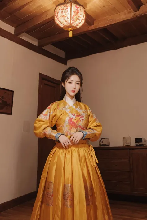<lora:feiyu_print_gown-no_reg:0.8>, feiyu_print_gown, best quality, masterpiece, illustration, realistic, photo-realistic, amazing, finely detail, incredibly absurdres, huge filesize, ultra-detailed, highres, extremely detailed CG unity 8k wallpaper, nsfw, A young Korean actress with light makeup wearing a yellow gown stands in a Chinese-style attic. The background is an ancient wooden house with bright lights. The character looks confident and energetic.