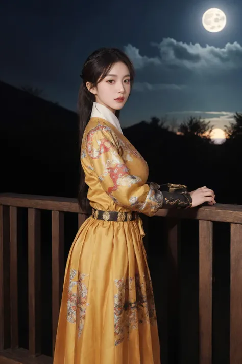 <lora:feiyu_print_gown-no_reg:0.7>, feiyu_print_gown, best quality, masterpiece, illustration, realistic, photo-realistic, amazing, finely detail, incredibly absurdres, huge filesize, ultra-detailed, highres, extremely detailed CG unity 8k wallpaper, nsfw, A young Korean actress with light makeup wearing a yellow gown with completely open lapels and a belt at the waist stands on the wooden railing of a high-rise attic balcony. The background is a vast expanse of ancient wooden houses, stretching into the distance. The scene is set at night, and the lights of the houses are warmly lit, creating an atmospheric and ancient feel. The character looks confident and energetic. The shot is taken from a very close distance, creating an intimate and sensual feel. Her long hair flows down her shoulders, and her ample bosom is fully revealed by the open lapels of her gown. Her smooth and fair breasts is visible in the moonlight. She wears a pair of black wristbands on her wrists.