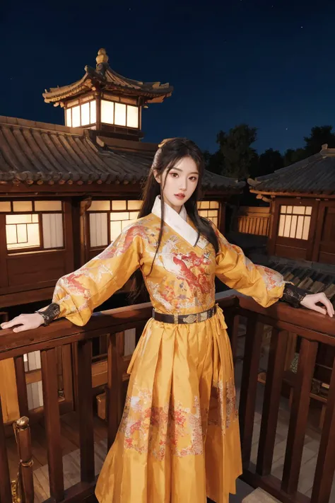 <lora:feiyu_print_gown-no_reg:0.7>, feiyu_print_gown, best quality, masterpiece, illustration, realistic, photo-realistic, amazing, finely detail, incredibly absurdres, huge filesize, ultra-detailed, highres, extremely detailed CG unity 8k wallpaper, nsfw, A young Korean actress with light makeup wearing a yellow gown with completely open lapels and a belt at the waist leans on the wooden railing of a high-rise Chinese-style attic balcony. The background is a cityscape with skyscrapers and wooden houses below. The scene is set at night, and the lights of the wooden houses are brightly lit. The character looks confident and energetic. The shot is taken from a close distance, creating an outdoor feel.