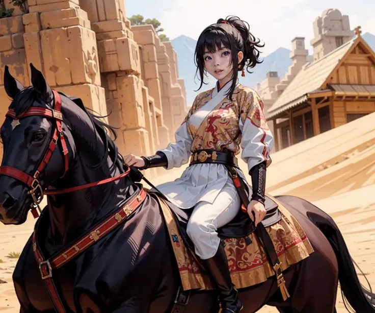 1girl, black hair, masterpiece, best quality, light white feiyufu, desert, horseback_riding, riding, horse, <lora:feiyufu_v1:0.48>