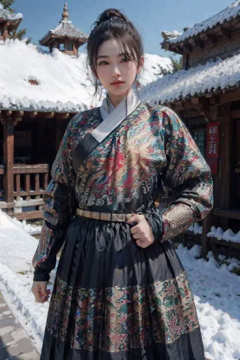 huge oversized beautiful breasts, breasts outline, 1girl, masterpiece, 8k, best quality, photorealistic, green feiyufu, <lora:feiyufu_v1:0.81>, outdoor, snow