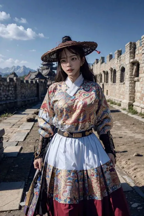 breasts outline, breast shape visible through clothing, big beautiful breasts,Ancient Chinese fortresses background, city walls,desert, 1girl, masterpiece, 8k, best quality, photorealistic, outdoor, stand, snow, light white feiyufu, sword ,