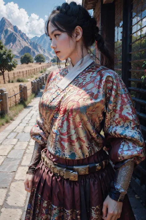 breasts outline, breast shape visible through clothing, big beautiful breasts, 1girl, masterpiece, 8k, best quality, photorealistic, light red feiyufu, <lora:feiyufu_v1:0.81>, outdoor, grassland, profile