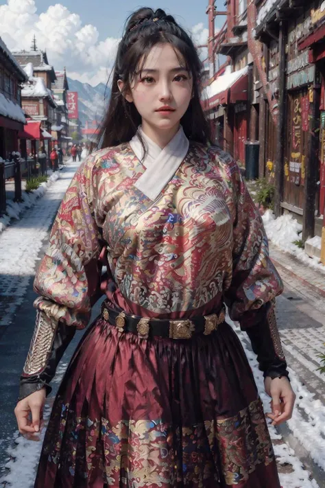 breasts outline, breast shape visible through clothing, big beautiful breasts, 1girl, masterpiece, 8k, best quality, photorealistic, light red feiyufu, <lora:feiyufu_v1:0.81>, outdoor, snow