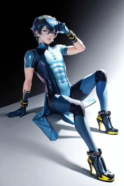 Highly detailed, High Quality, Masterpiece, beautiful, marth, tiara,<lora:Char_FireEmblem_Marth:0.7>, zero suit, blue gloves, high heels, <lora:Outfit_ZeroSuit:0.9>, 1boy,
