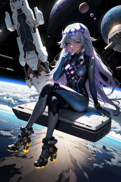 Highly detailed, High Quality, Masterpiece, beautiful,  <lora:FallenMJStyle:1>, zero suit, blue gloves, high heels, <lora:Outfit_ZeroSuit:0.9>, space, spacecraft, floating hair, sitting, curious, KosekiBijou, hair ornament, <lora:Char_VTuber_KosekiBijou:1>